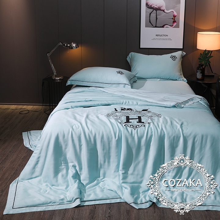 【COZAKA.com】Hermesエルメス高級ベッドカバーセット - ミントブルー エルメス ベッドカバー オシャレ