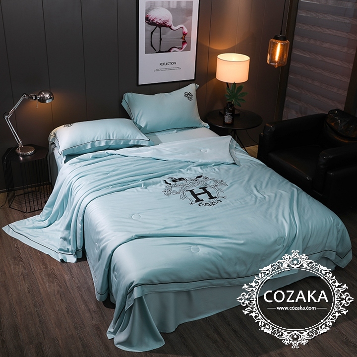 【COZAKA.com】Hermesエルメス高級ベッドカバーセット - ミントブルー エルメス寝具セット オシャレ
