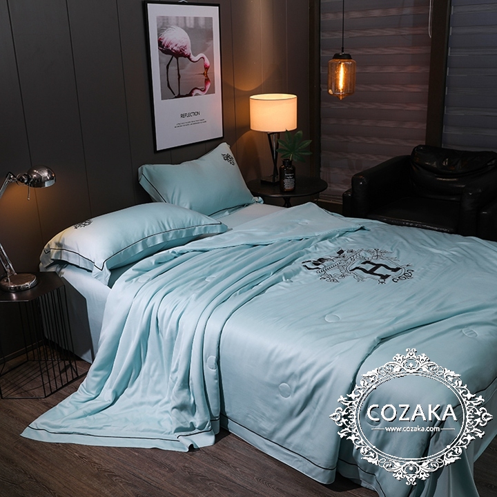 【COZAKA.com】Hermesエルメス高級ベッドカバーセット - ミントブルー ブランド寝具セット 男性用 高級感