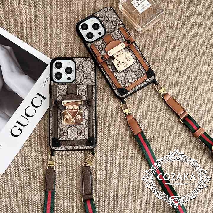 gucci iphone 15pro 15plusレザースマホケースショルダー 背面収納